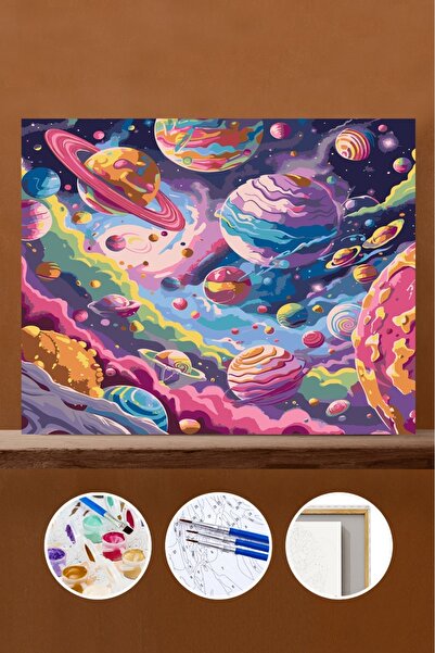 Pastelya Sayılarla Boyama Seti Çerçeveli Kasnaklı Renkli Gezegenler 40x50 cm
