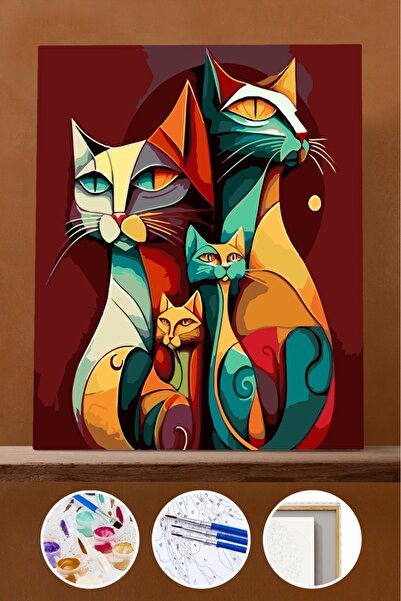 Pastelya Sayılarla Boyama Seti Çerçeveli Kasnaklı Renkli Kedi 4 40x50 cm