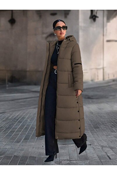 SERBA Коричневий капюшон з рельєфним візерунком, довгий жіночий пуховик