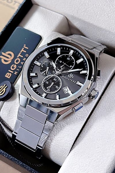 Bigotti 5 Atm Waterproof Silver Men's Wrist Watch & Bracelet Set - Special Boxed Bme2018C2