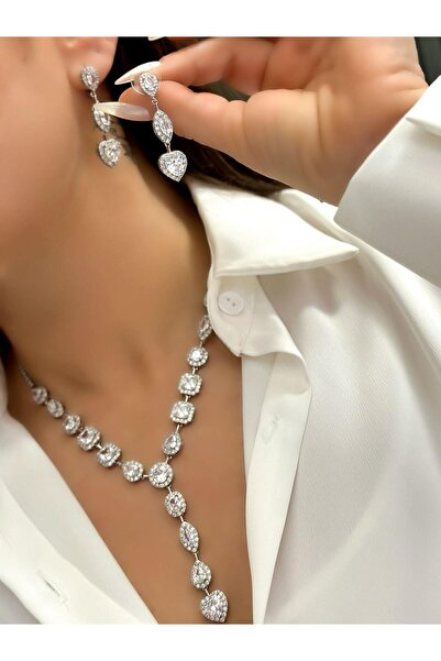 MyladyAccessoriess Gümüş Kaplama Kalp Ve Baget Taş Detay Set Takı