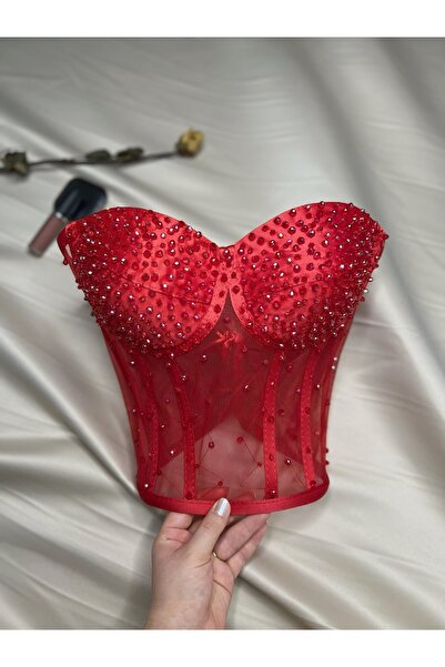 Metay Design Transparan Ful Taş İşleme Korse Büstiyer Taşlı Model - Kırmızı
