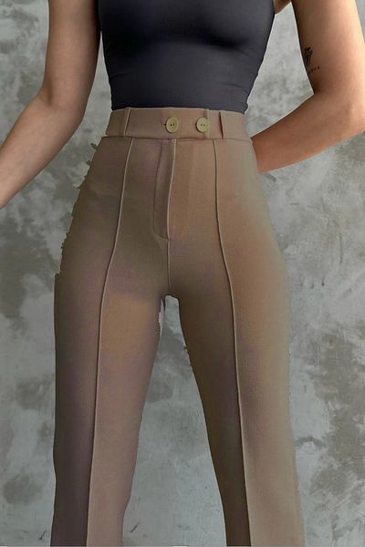 Vespo Brown Double Button Lycra Palazzo Trousers
