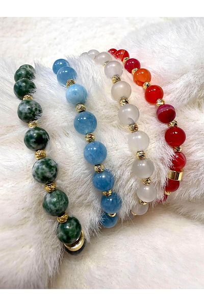modvina Aquamarine and Quartz Bracelet - Green Howlite, Red Agate, Gold Dorica Detail, a Quality 4