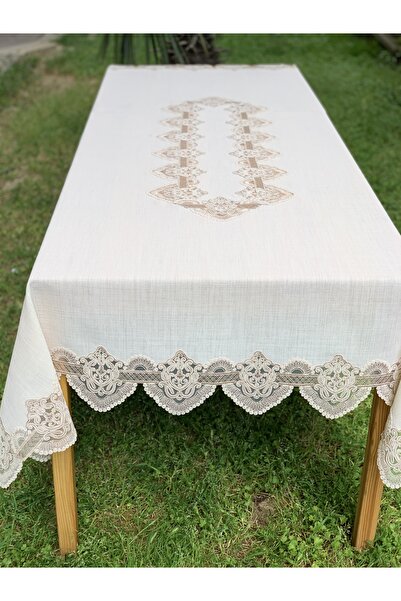 HAUSSET Masa Örtüsü ,fransız Dantelli Bej 160/220cm Linen Masa Örtüsü