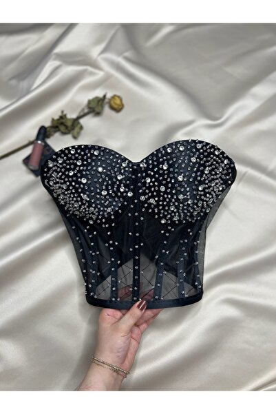 Metay Design Transparent Bodice Bustier with Stone Detail - Silver Stone Embroidered