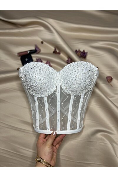 Metay Design Transparan Ful Taş İşleme Korse Büstiyer Taşlı Model - Beyaz