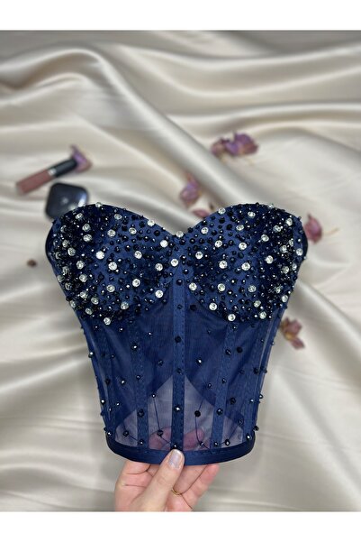 Metay Design Transparan Ful Taş İşleme Korse Büstiyer Taşlı Model - Lacivert