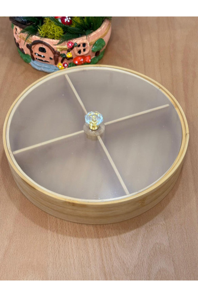morponi Yuvarlak Bambu 4 Bölmeli Kahvaltılık & Çerezlik Akrilik Kapaklı 25 Cm