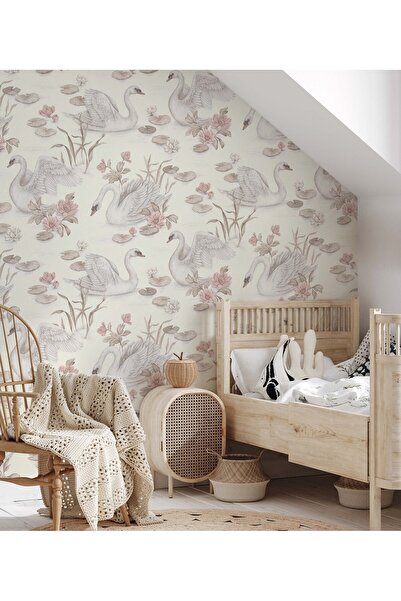 Tasarım Kuğular ve Pembe Çiçekler Estetik Duvar Kağıdı