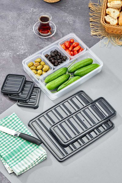 Turkco Clear Breakfast Storage Container Set with 5 Compartments - Fridge Organizer with Lid and Interior Compartment