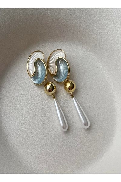 mos&more Blue Enameled Pearl Women's Earrings