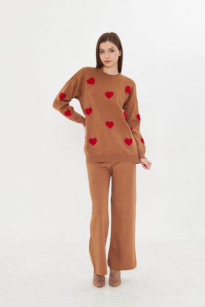 brako tekstil Women's Crew Neck Heart Sweater Pants Knitwear Bottom Top Set