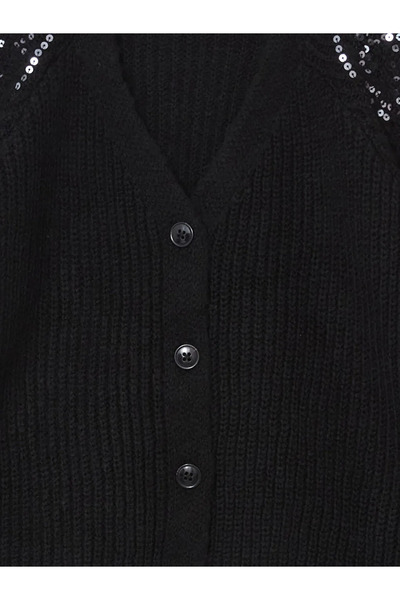 LC Waikiki LCW Kids Siyah V Yaka Pul İşlemeli Kız Çocuk Triko Hırka