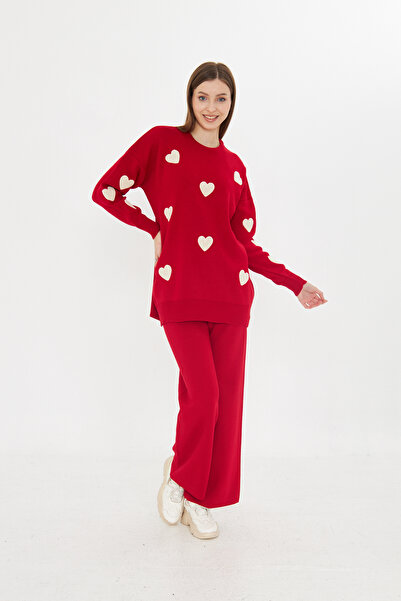 brako tekstil Women's Crew Neck Heart Sweater Pants Knitwear Bottom Top Set