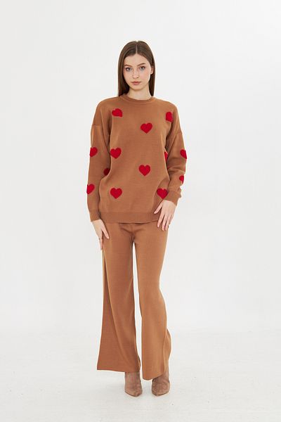 brako tekstil Women's Crew Neck Heart Sweater Pants Knitwear Bottom Top Set