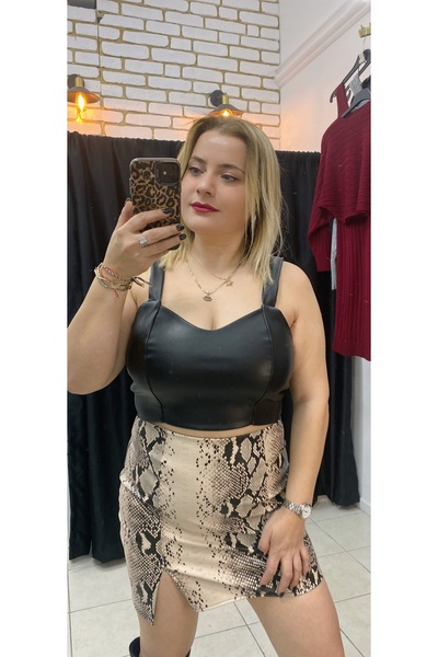 TUBA TOPTAŞ DESENLİ DERİ ETEK ŞARDONSUZ