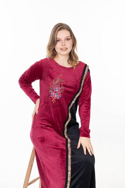 mervemoda Rochie de iarnă din catifea cu mânecă lungă pentru femei