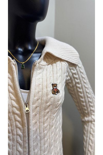 Qu Style Boutique Zippered Cream Color Cardigan with Teddy Bear Detail
