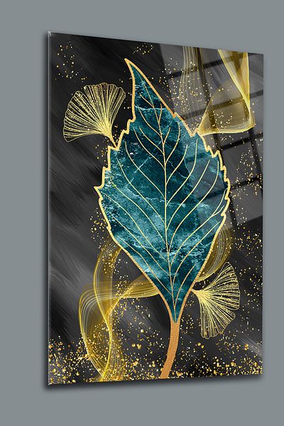 glassartdesign Frunze de aur Decorativ Sticlă irezistibilă Pictură Artă din sticlă Decor pentru casă Cadou pentru acasă Pictură modernă