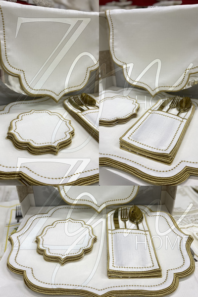 ZGNHome طقم خدمة أمريكي مطرز باللون الذهبي الصناعي مكون من 19 قطعة لـ 6 أشخاص