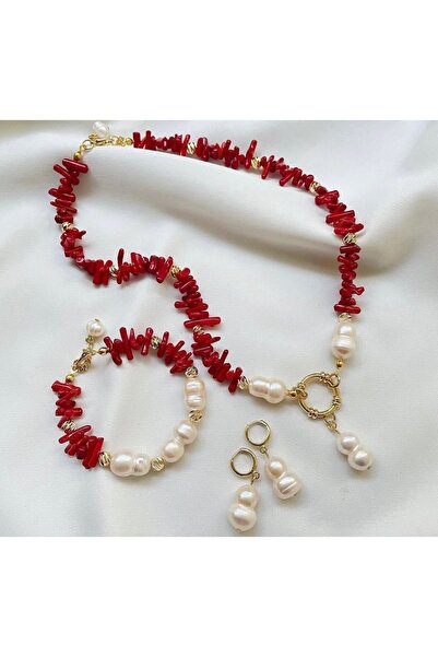 ARONA Kırmızı Mercan Taşlı Barok İnci Kolye