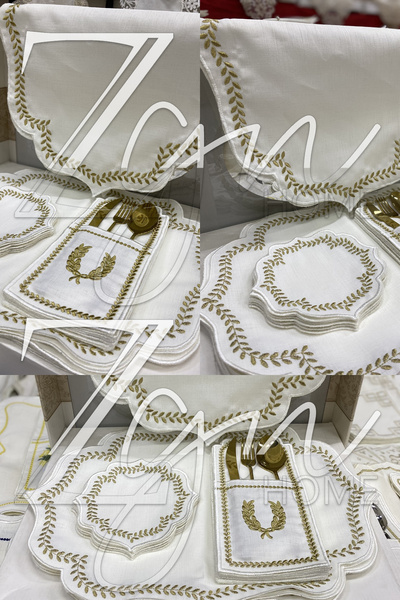 ZGNHome 19 Parça 6 Kişilik Nakışlı Çelenk Gold Amerikan Servis Takımı