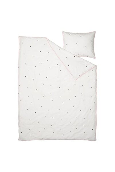 IKEA Vankrets Tek Kişilik Nevresim Takımı, Pembe Şeritli Puantiyeli Beyaz 150x200 cm 152 iplik Fermuarlı