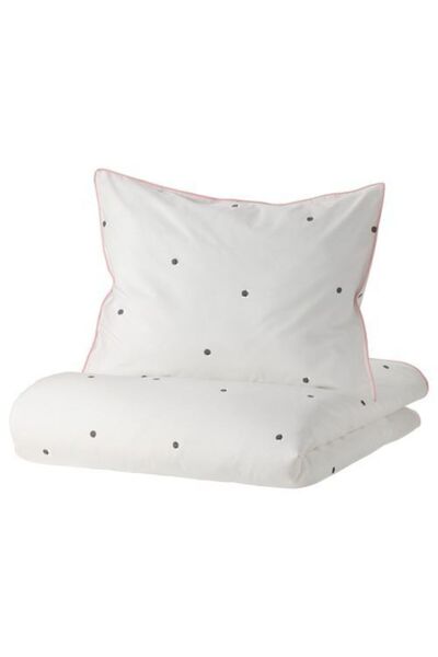IKEA Vankrets Tek Kişilik Nevresim Takımı, Pembe Şeritli Puantiyeli Beyaz 150x200 cm 152 iplik Fermuarlı
