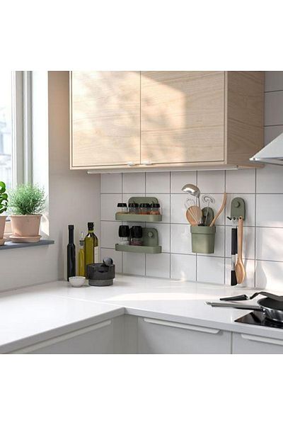 IKEA Raft de Organizare cu Ventuze Verde Măsline 28 Cm Baie-Bucătărie Agățat