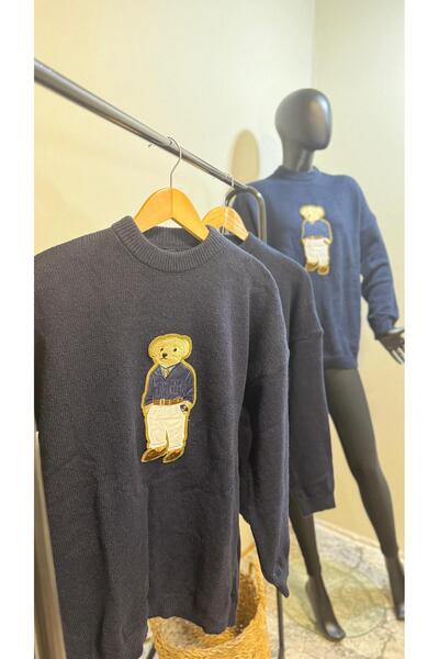 Qu Style LUMİNYA LACİVERT TEDİ AYICIK NAKIŞLI KAZAK