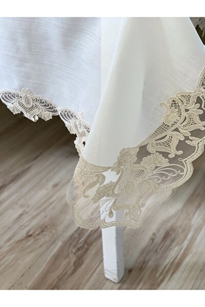 HAUSSET Home Salon Masa Örtüsü Ekru Fransız Dantelli 170*300 Cm Masa Örtüsü