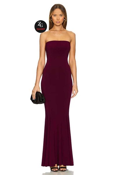 Zagrep Women's Burgundy Strapless Hem Flounce Lined No Show Maxi Dress