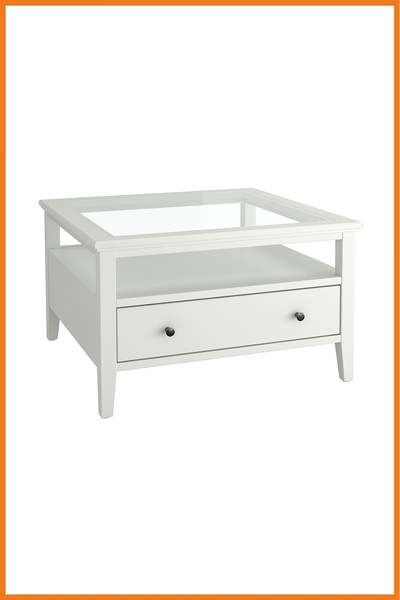 Alony Home Orta Sehpa Kare Raflı Cam Panelli Çekmeceli Masif Ahşap Çerçeveli 80x49x80 Beyaz