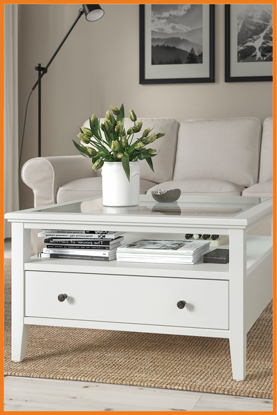 Alony Home Orta Sehpa Kare Raflı Cam Panelli Çekmeceli Masif Ahşap Çerçeveli 80x49x80 Beyaz