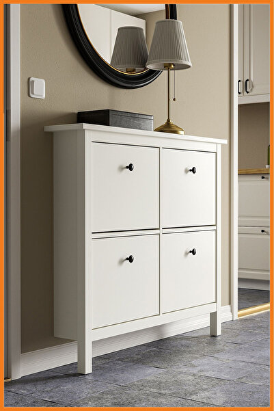 Alony Home Ayakkabı Dolabı 4 Kapaklı Ayaklı Kulplu Ayakkabılık 107x101x22 Cm Beyaz