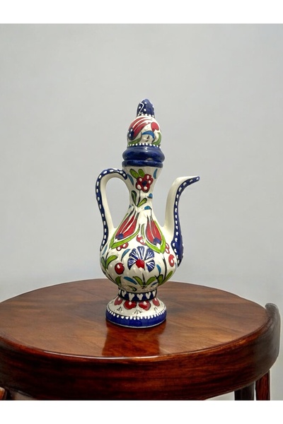 Oğuz Çini Lale Motifli El Yapımı Çini Osmanlı İbrik Vazo - 20cm