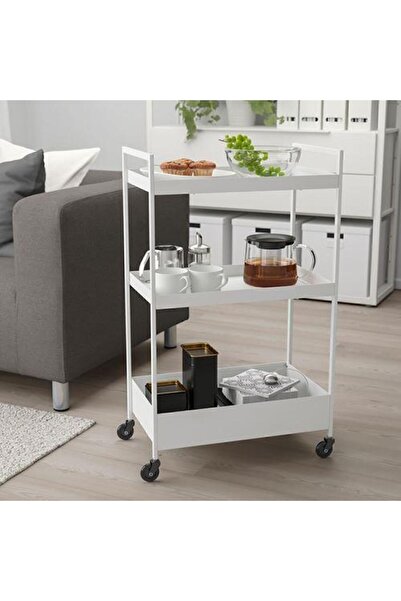 IKEA 3 Katlı Servis Arabası Beyaz Renk 50.5x30x83 Cm Düzenleyici Raf Ünitesi Çelik