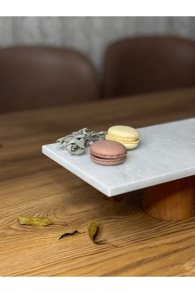 Decology Home Natural Marble Rectangular Presentation Stand, Marble Cake Cake Stand, Wooden Leg Cake Stand