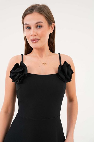 4S1B FASHION Atlas Fabric Thin Straps Midi Length Flared Μαύρο βραδινό φόρεμα με αφαιρούμενα αξεσουάρ τριαντάφυλλου 258