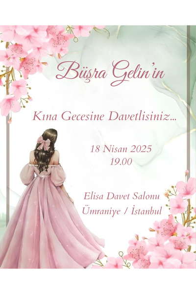 Rana İkra Art Pembe Çiçek Temalı Kına Davetiyesi (50 Adet) (BASKI DAHİL DEĞİL...