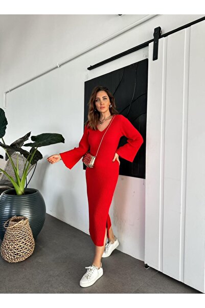 Zerrincan Giyim Kırmızı İspanyol Kol Triko Elbise