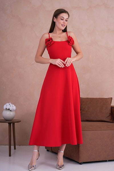 bayansepeti Rochie evazată cu trandafiri roșii de lungime midi - cu bretele reglabile și accesorii trandafiri detașabile 258
