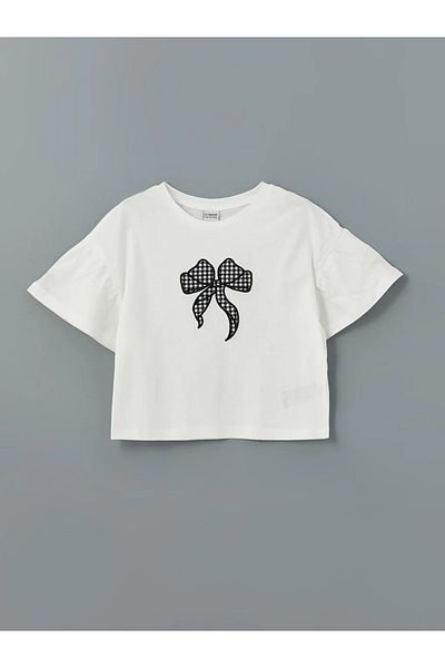 LC Waikiki Lcw Kids Ecru Crew Neck Ribbon Embroidery Girls T-Shirt and Skirt