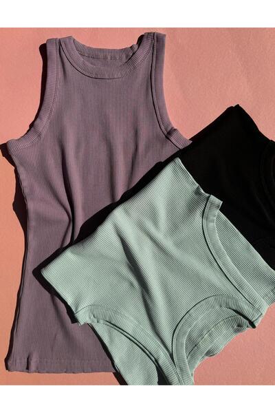 Elosia Black and Green Neck Collar Women's Tank Top - Extra Stretchy, Cotton, Set of 2