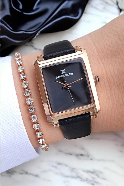 Daniel Klein Siyah Deri Kayışlı Rose Gold Dikdörtgen Kasa Kadın Kol Saati, Taşlı Bileklik Hediyeli