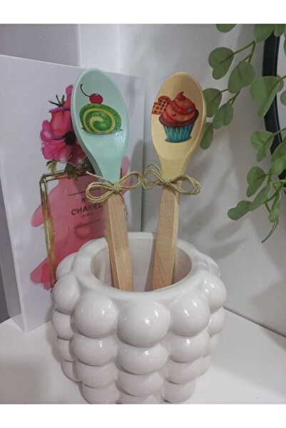 ZE DEKORASYON KAPKEK DESENLİ DEKOR TAHTA KAŞIK 27CM İKİLİ SET