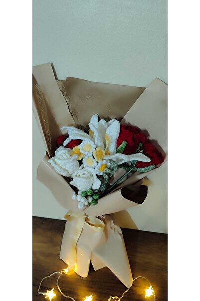 ÇİÇEK SHOP EL ÖRMESİ LİLYUM VE KIRMIZI GÜL ARANJMAN BUKET