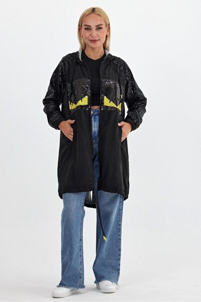 Butik Ayseba Kadın Siyah Pul Payet Detaylı Pullu Kapüşonlu Trençkot