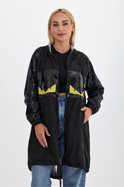 Butik Ayseba Kadın Siyah Pul Payet Detaylı Pullu Kapüşonlu Trençkot